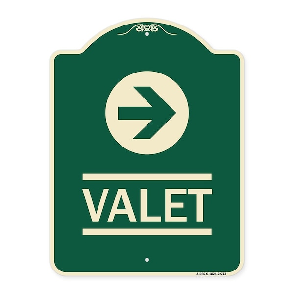 Signmission Designer Series Valet Right Arrow, Green & Tan Heavy-Gauge Aluminum Sign, 24" x 18", G-1824-22743 A-DES-G-1824-22743 - main